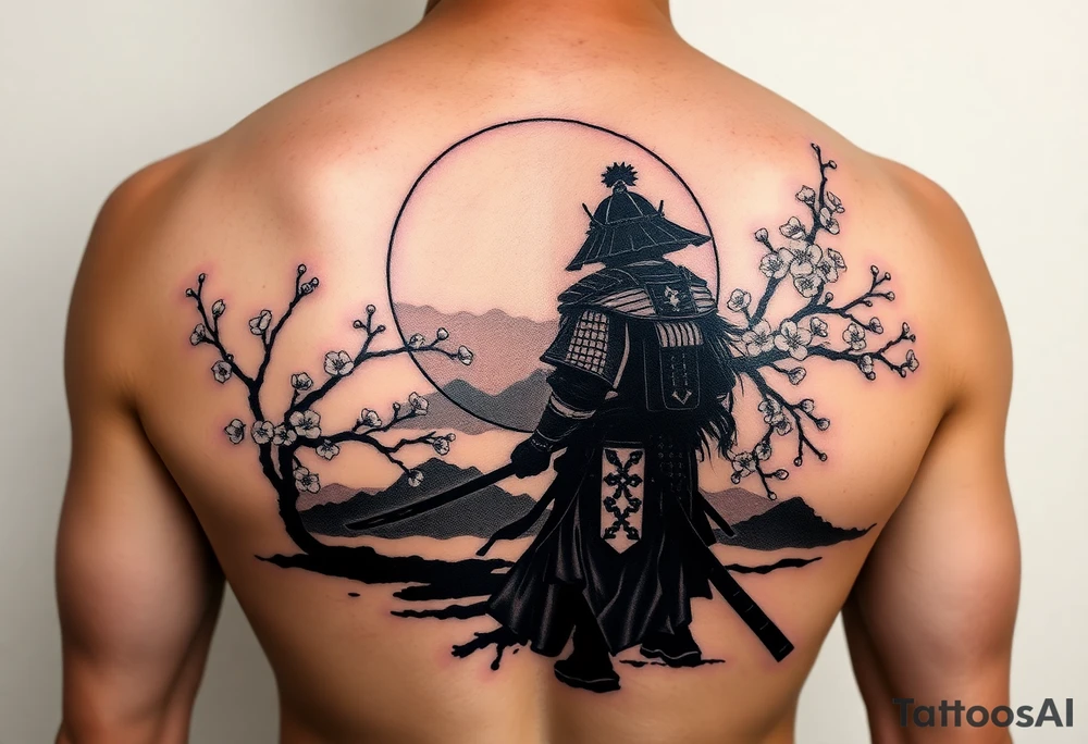 noble samurai warrior silhouette at sunset with cherry blossoms tattoo idea