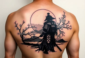 noble samurai warrior silhouette at sunset with cherry blossoms tattoo idea