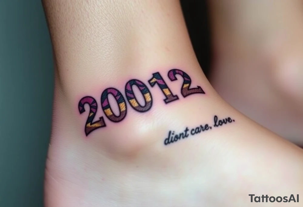 Safety pins through the skin attaching a running number with 2012 and purple and gold accents with “I don’t care, I love it” around the outside tattoo idea
