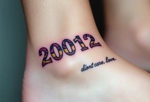 Safety pins through the skin attaching a running number with 2012 and purple and gold accents with “I don’t care, I love it” around the outside tattoo idea