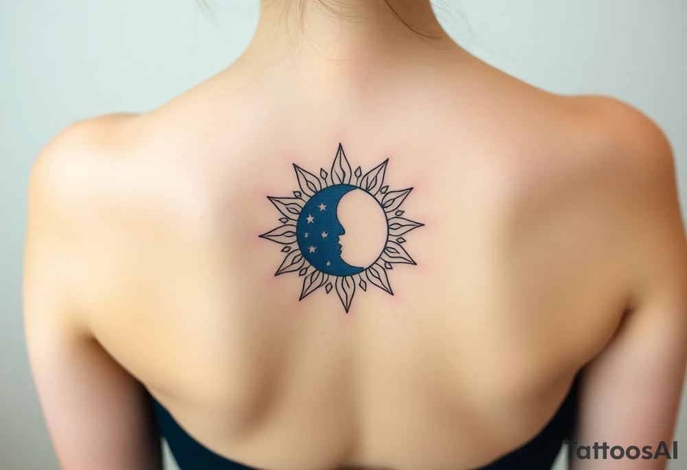 A sun and moon intertwined with delicate Virgo symbols, blending gold, soft yellow, and midnight blue tones tattoo idea