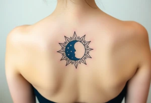 A sun and moon intertwined with delicate Virgo symbols, blending gold, soft yellow, and midnight blue tones tattoo idea
