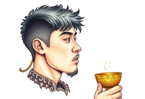 Handsome Asian young guy is drinking from medieval golden cup tattoo idea