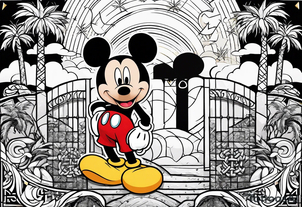 mickey mouse in a lightning storm with palm trees and the celtic symbol for family tattoo idea