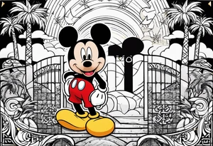 mickey mouse in a lightning storm with palm trees and the celtic symbol for family tattoo idea
