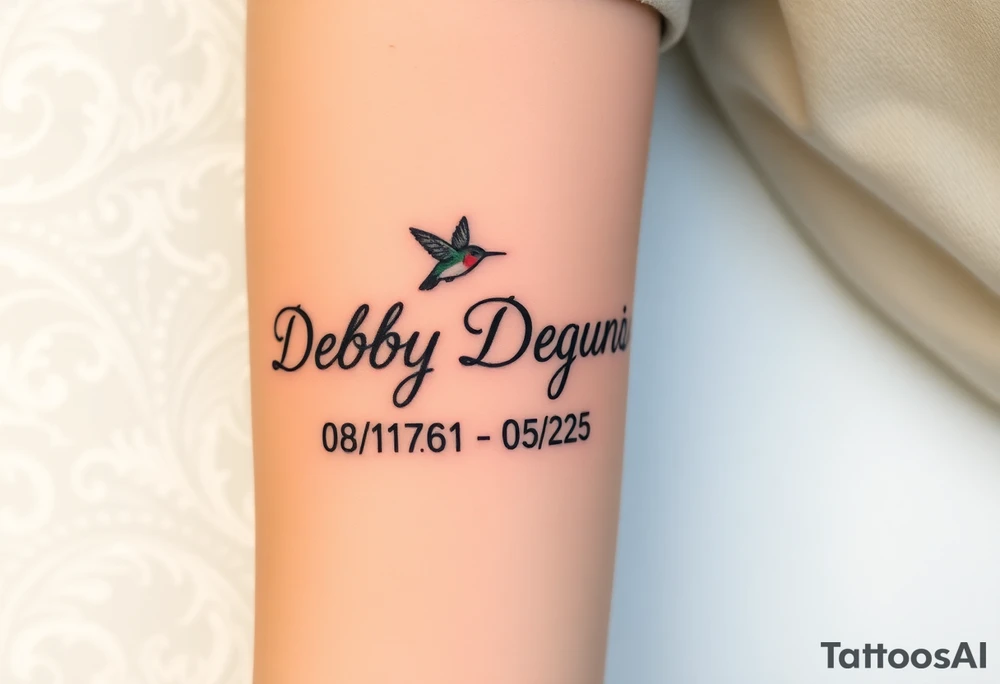 Tattoo of the exact name Debby Deguzman in chunky curly cursive with the exact dates of 08/17/61-05/29/25 surrounded by 1 hummingbird and 1 rose tattoo idea