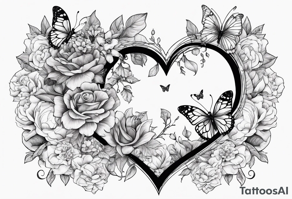 Out line of hands holding a heart with flowers sprouting from the top of the heart into her head and butterflies flying around the flowers tattoo idea