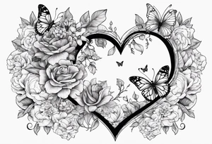 Out line of hands holding a heart with flowers sprouting from the top of the heart into her head and butterflies flying around the flowers tattoo idea