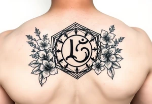 Dotted Line hexagon with Leo astrological symbol surrounded by larkspurs and water lilies tattoo idea