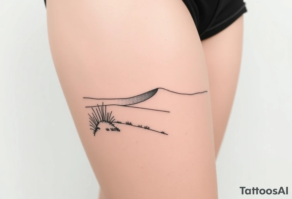 Landscape of sand dune and peasible sea (like in the north of France) in a minimalist style tattoo idea