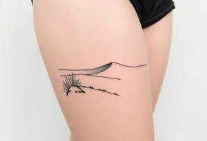 Landscape of sand dune and peasible sea (like in the north of France) in a minimalist style tattoo idea