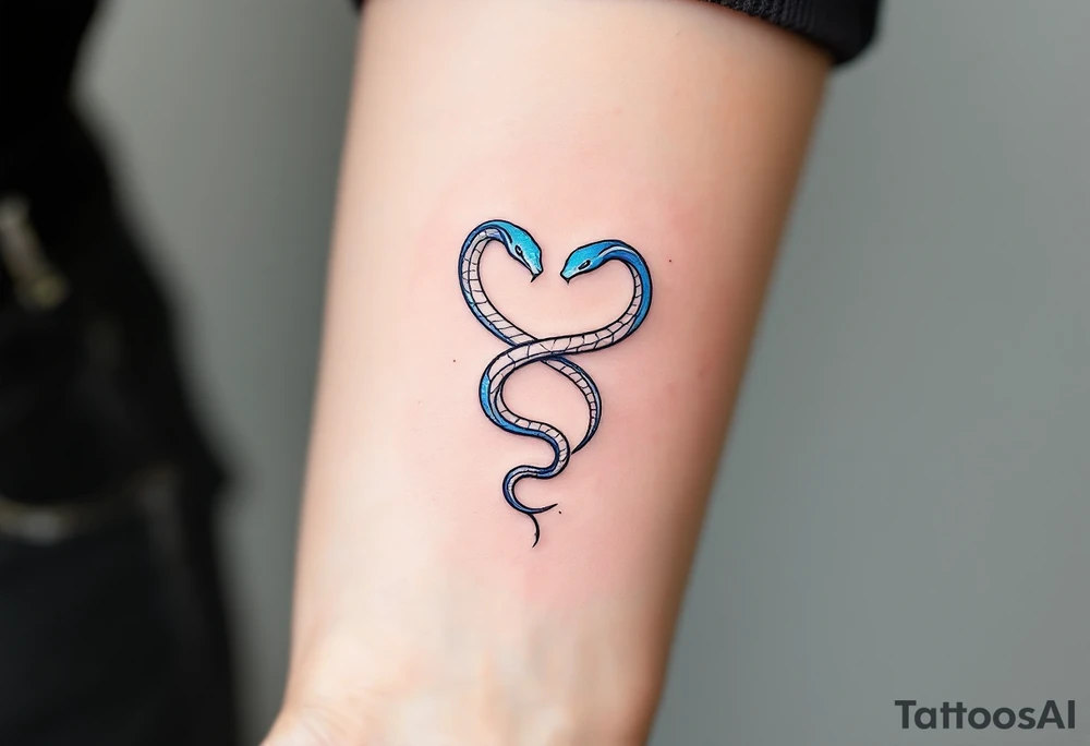 A minimalist twin snake design, one outlined in black and the other in electric blue, intertwined in a spiral and With word "Gemini" tattoo idea