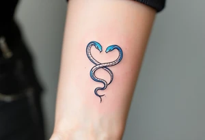 A minimalist twin snake design, one outlined in black and the other in electric blue, intertwined in a spiral and With word "Gemini" tattoo idea