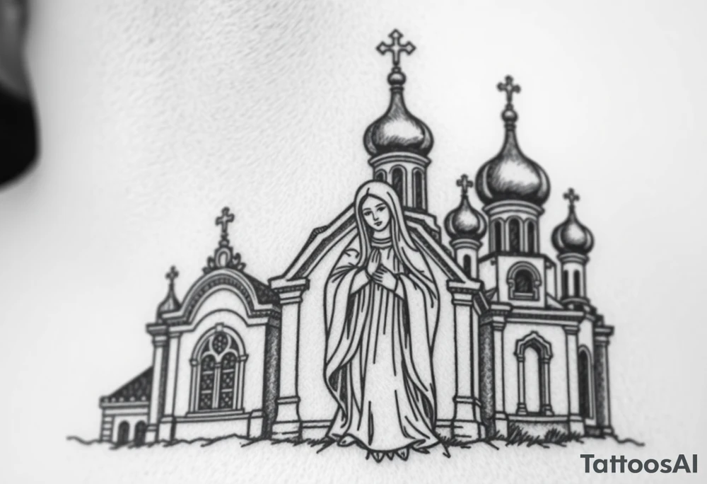 Russian orthodox church with bulb domes with a prominent russian orthodox style virgin mary stood outside with hands together tattoo idea