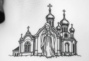 Russian orthodox church with bulb domes with a prominent russian orthodox style virgin mary stood outside with hands together tattoo idea