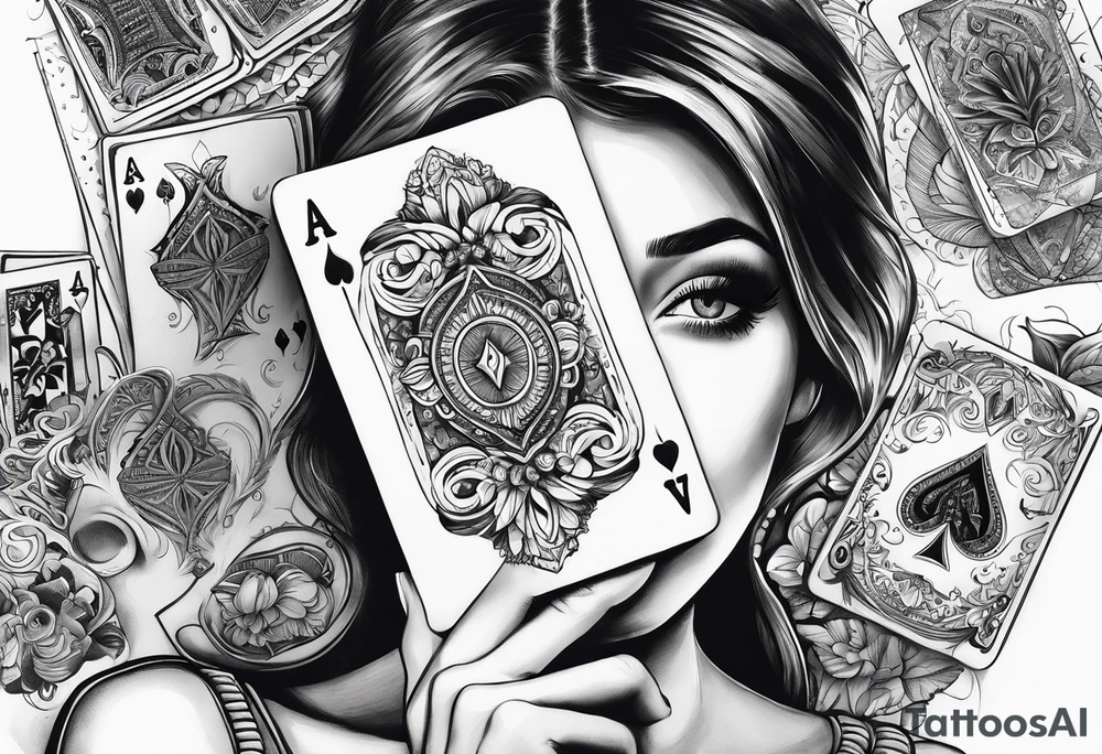 woman one hand holding cards in front of her face, showing the cards to others tattoo idea