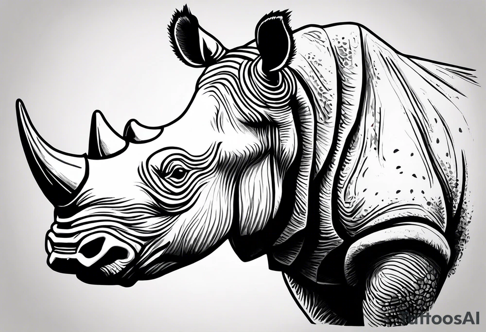 A front-facing rhino head with a sharp elongated tusk that appears angry and fierce. Ears pointed straight up and forward a bit. This rhino if he was in DnD would be a level 20 Paladin tattoo idea