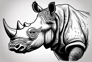 A front-facing rhino head with a sharp elongated tusk that appears angry and fierce. Ears pointed straight up and forward a bit. This rhino if he was in DnD would be a level 20 Paladin tattoo idea