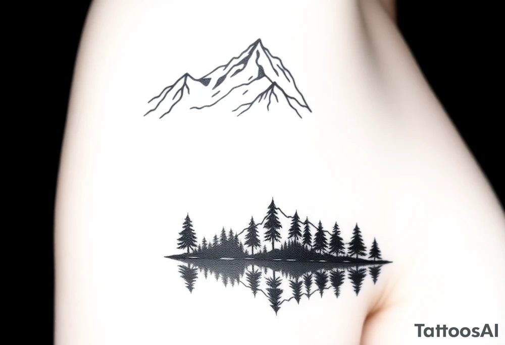 Mountain range above, lake below reflecting a dark, dense forest. Past struggles in reflection, clarity in peaks tattoo idea