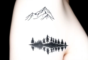 Mountain range above, lake below reflecting a dark, dense forest. Past struggles in reflection, clarity in peaks tattoo idea