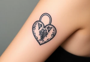 A realistic heart-shaped lock with an ornate key, decorated with filigree patterns, with wedding date 22. 07. 2018 tattoo idea