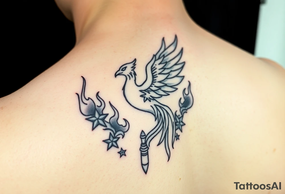 Phoenix rising from flames, surrounded by ninja stars and ballistic missiles, semicolon integrated into the design, fine line black ink, minimalist but dramatic but dainty for wrist tattoo idea