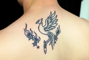 Phoenix rising from flames, surrounded by ninja stars and ballistic missiles, semicolon integrated into the design, fine line black ink, minimalist but dramatic but dainty for wrist tattoo idea
