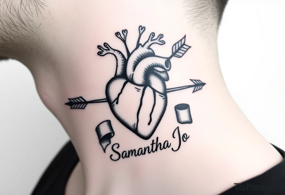 anatomical heart pierced by ornate arrow with flowing ribbons with the name Samantha Jo tattoo idea