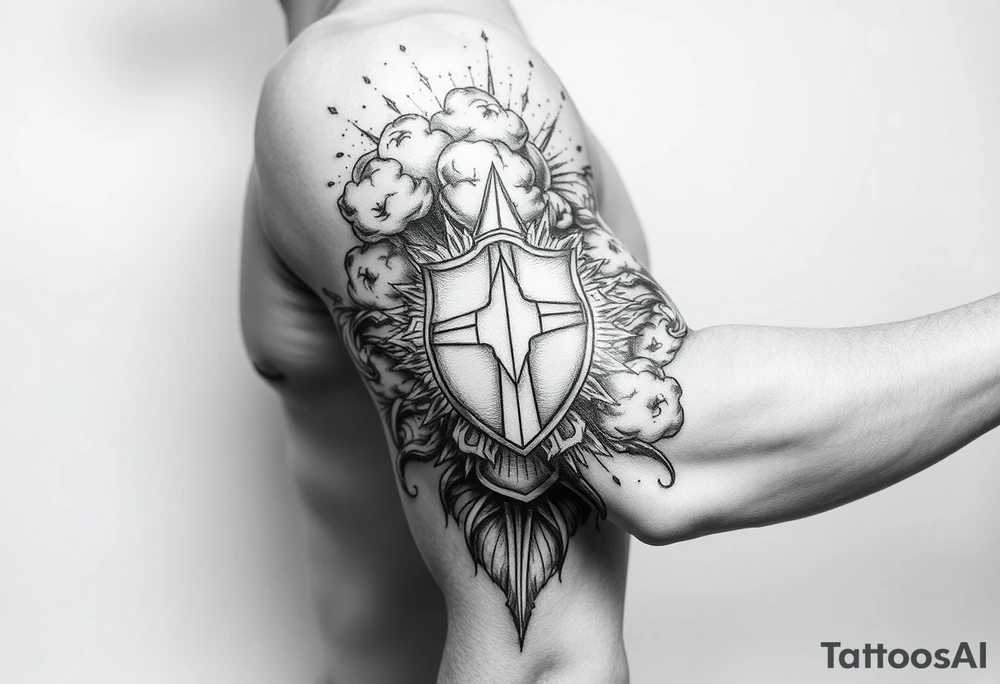 Half sleeve. powerful, cloud, shield, cross, sun rays tattoo idea