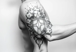 Half sleeve. powerful, cloud, shield, cross, sun rays tattoo idea