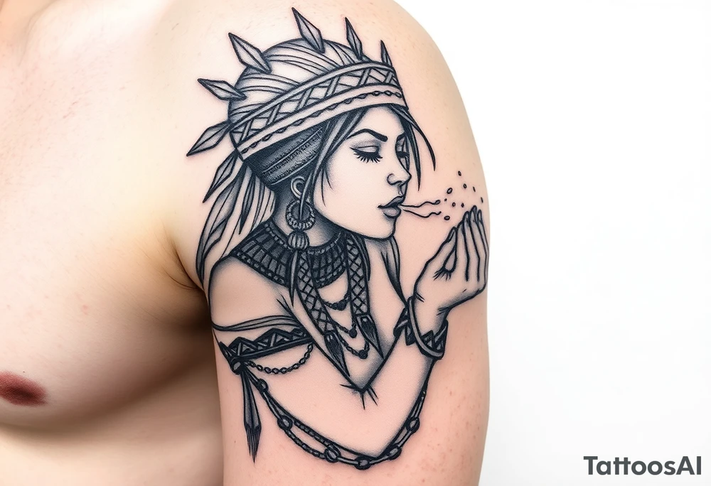 Shamanic women blowing healing dust tattoo idea