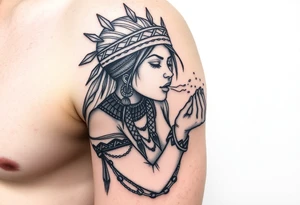 Shamanic women blowing healing dust tattoo idea