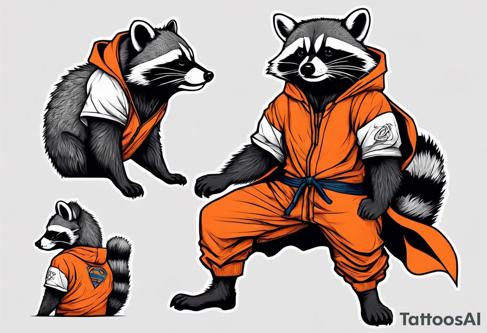 Raccoon wearing an orange Superman hoodie tattoo idea