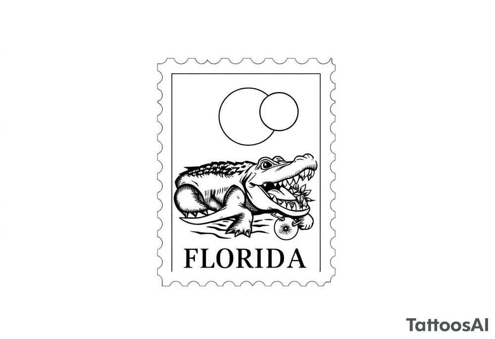 can you do another post stamp florida themed design with a gator the sun and oranges in a traditiona style
please add the vertical rectangle postage stamp tattoo idea