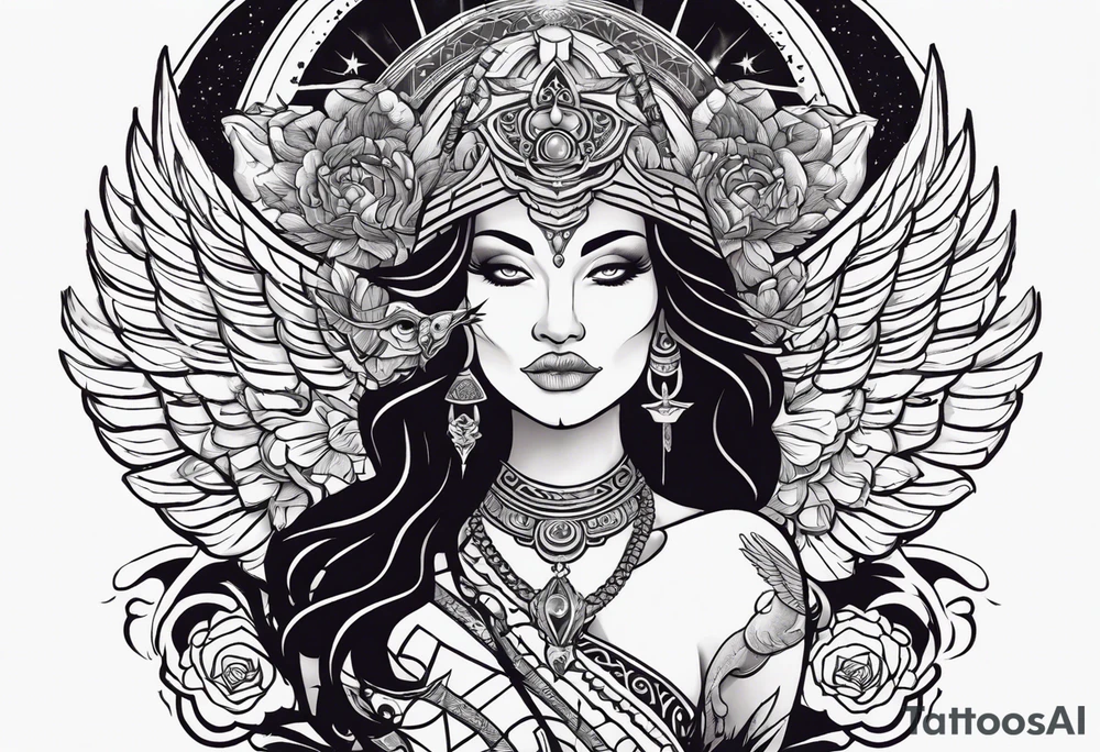 black kali, goddess pirate, alien, angel, pachamama, valkrye, warrior, flying, skull, lotus azul, wing, eagle, zenza resonance, stars, 5D, anahata chakra, death, durga, riding on a tiger, flying lady tattoo idea