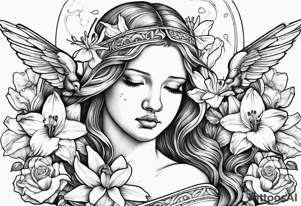 crying angel with head tilted down surrounded by lily, daffodil, rose, daisy, narcissus holding a hummingbird tattoo idea