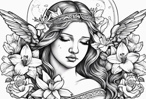 crying angel with head tilted down surrounded by lily, daffodil, rose, daisy, narcissus holding a hummingbird tattoo idea