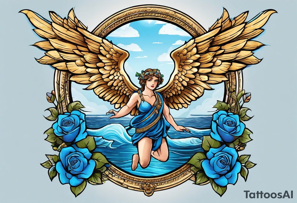 Cupio fly boy wings and a bow,, bacground sea ancient rome gods , blue roses frames tattoo idea