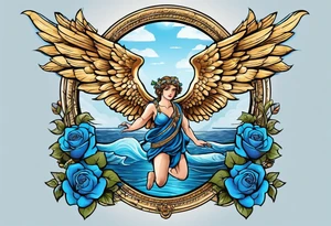 Cupio fly boy wings and a bow,, bacground sea ancient rome gods , blue roses frames tattoo idea