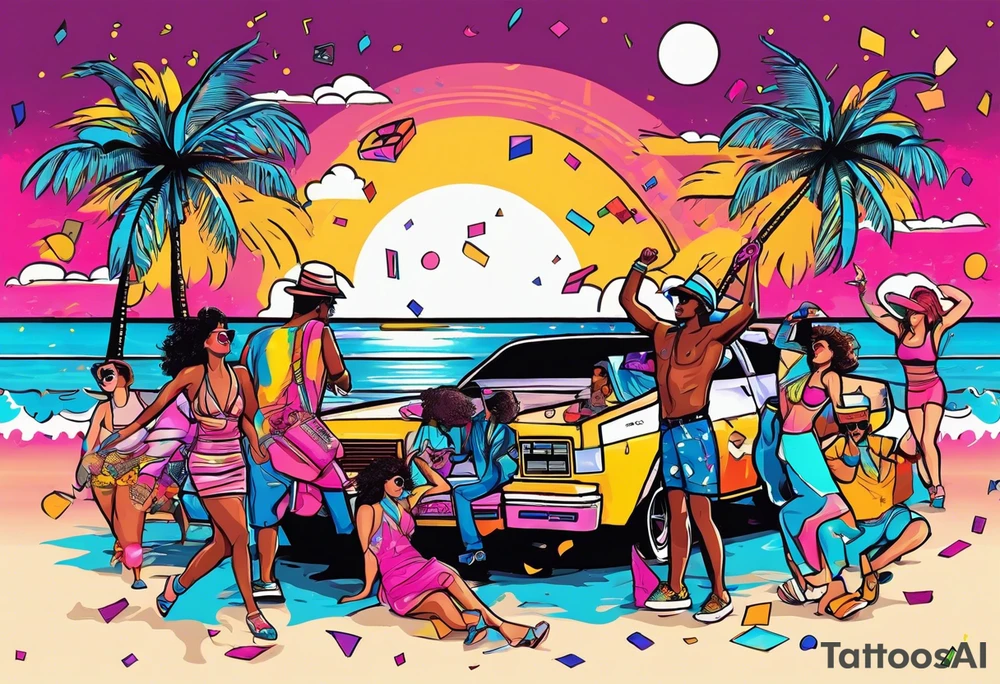 1980's style dance party with boom box and confetti in a beach theme. include people in 80's miami beach clothes, music note. tattoo idea