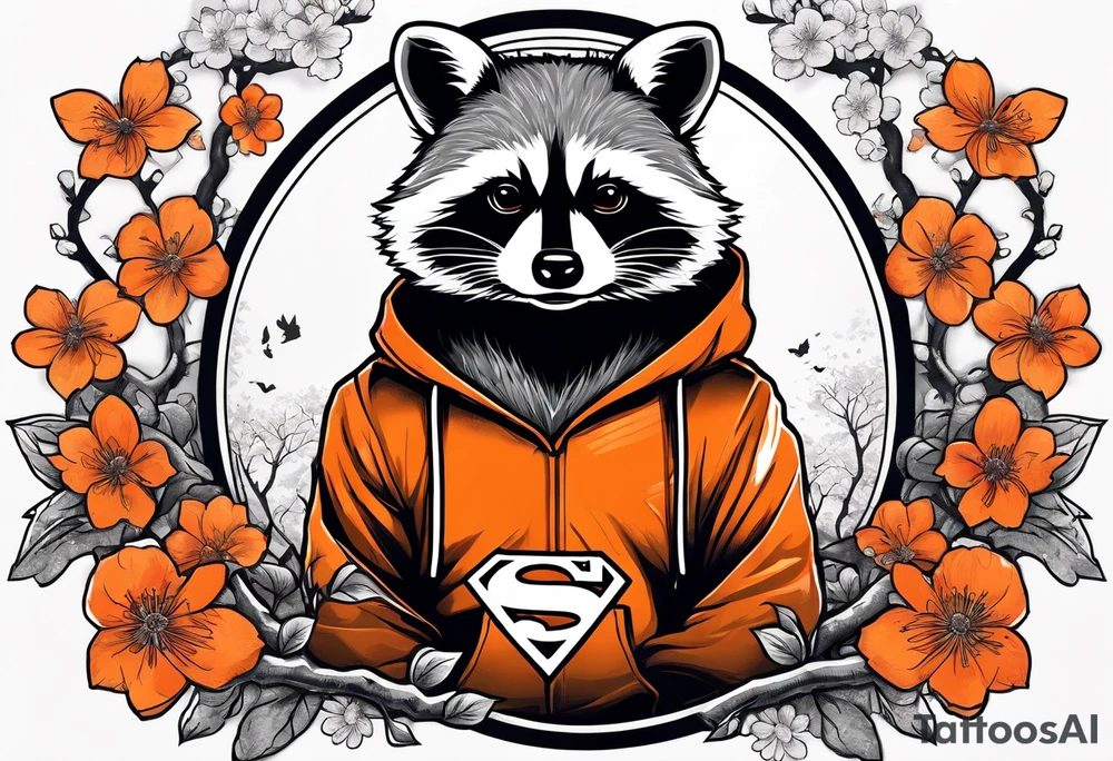 raccoon wearing a Superman hoodie with black and white logo and orange Japanese cherry blossoms tattoo idea