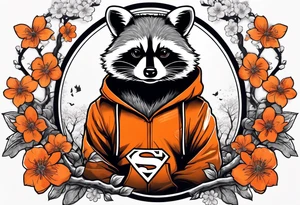 raccoon wearing a Superman hoodie with black and white logo and orange Japanese cherry blossoms tattoo idea