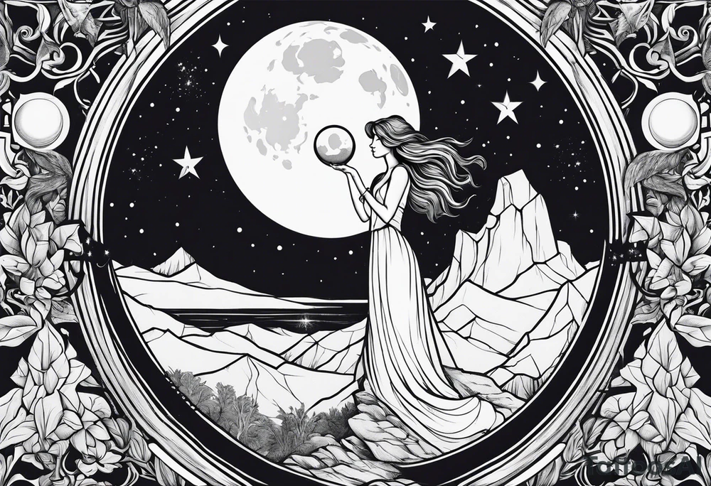 witch holding the moon on a cliff tattoo idea