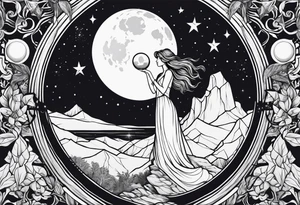 witch holding the moon on a cliff tattoo idea