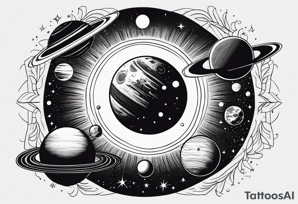 sun orbiting planets in cosmos with starts in background tattoo idea