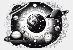 sun orbiting planets in cosmos with starts in background tattoo idea