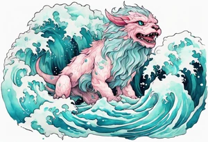 a gentle turquoise and pink Falkor emerging from the stormy sea tattoo idea