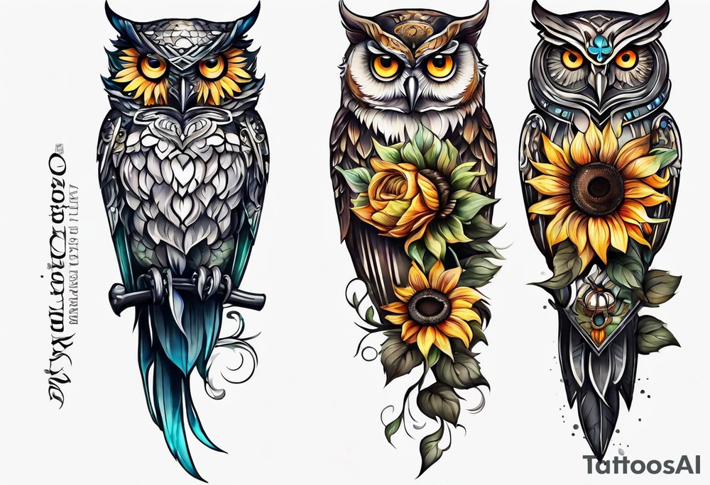 Leg sleeve with colorful sunflowers and an owl tattoo idea