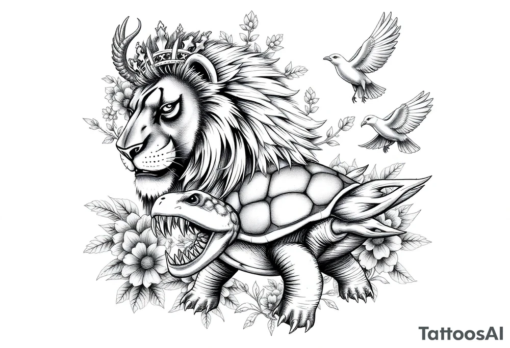powerful majestic lion with a crown, surrounded by floral ornaments and birds an angry turtle with huge teeth and a tiny hobbit like person riding on the back tattoo idea