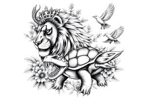 powerful majestic lion with a crown, surrounded by floral ornaments and birds an angry turtle with huge teeth and a tiny hobbit like person riding on the back tattoo idea